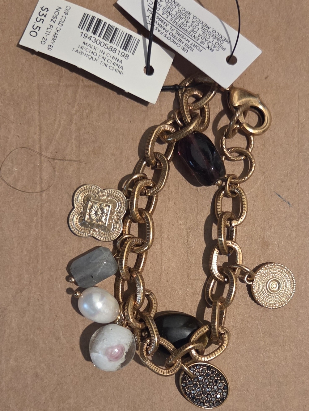 Chico's Gold-Tone Charm Bracelet with Mixed Stone & Pearl Charms